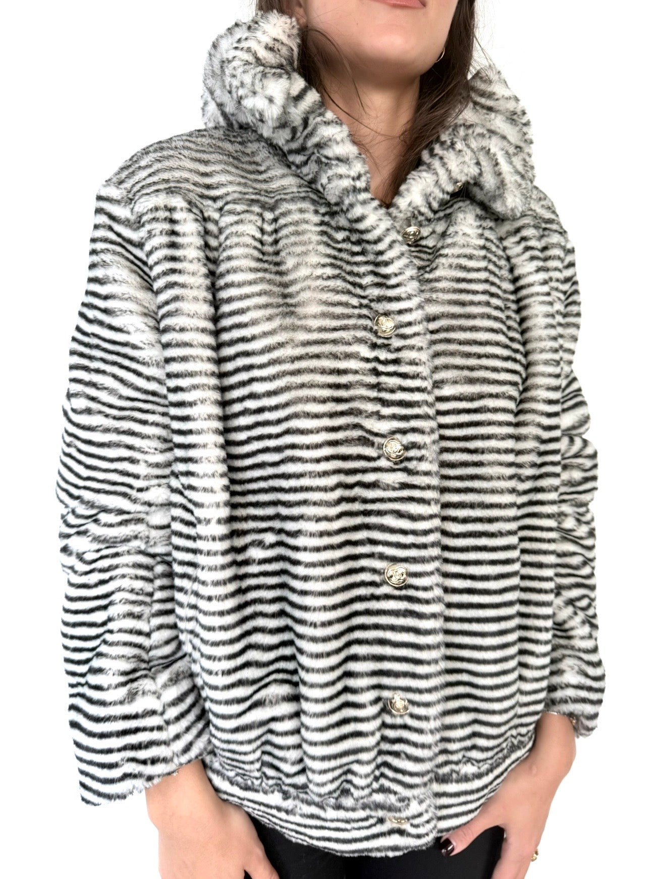 Black & White Faux Fur Striped Zebra Coat Excellent Condition