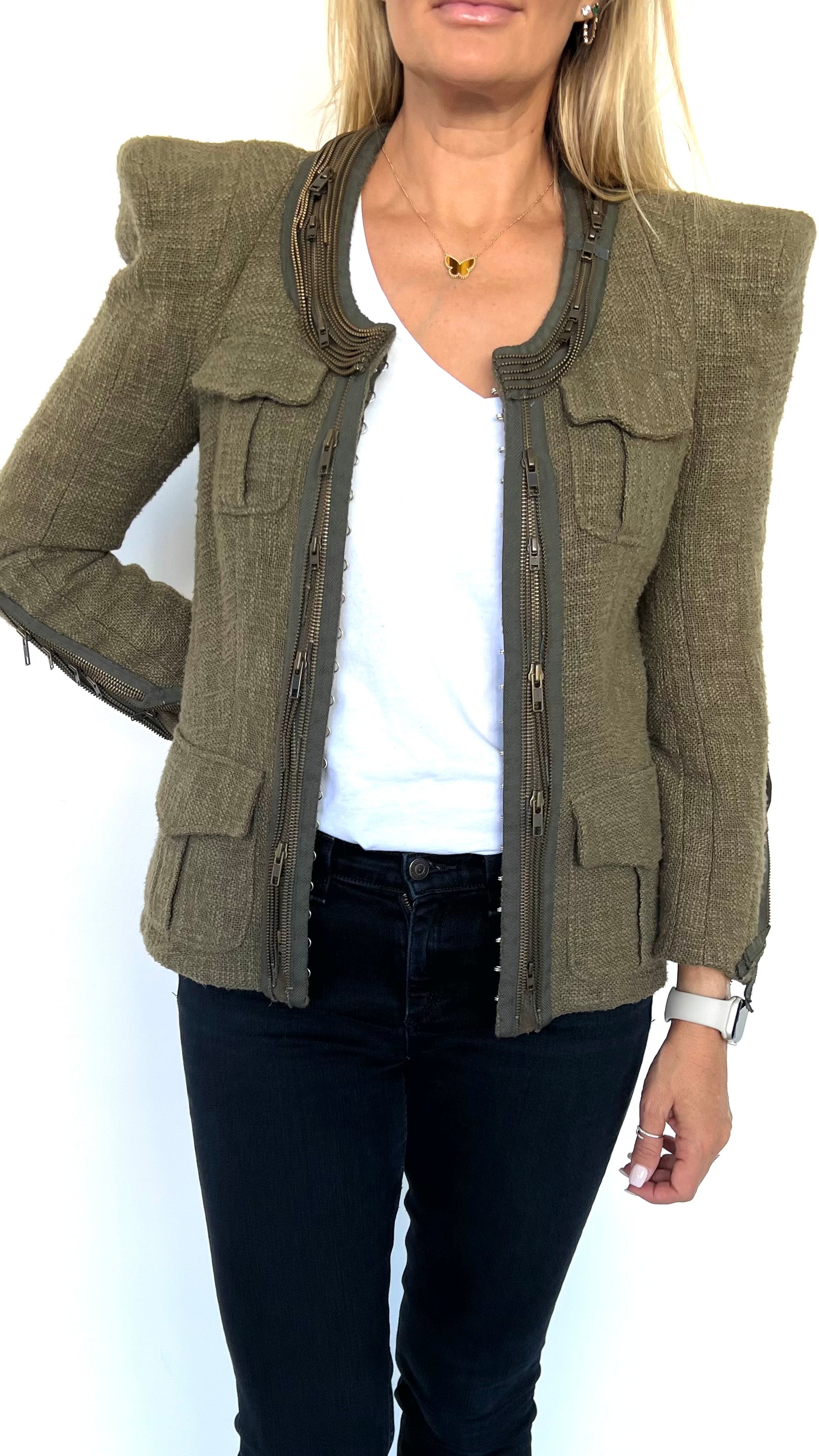 Khaki Cropped Collarless Jacket With Zip Details