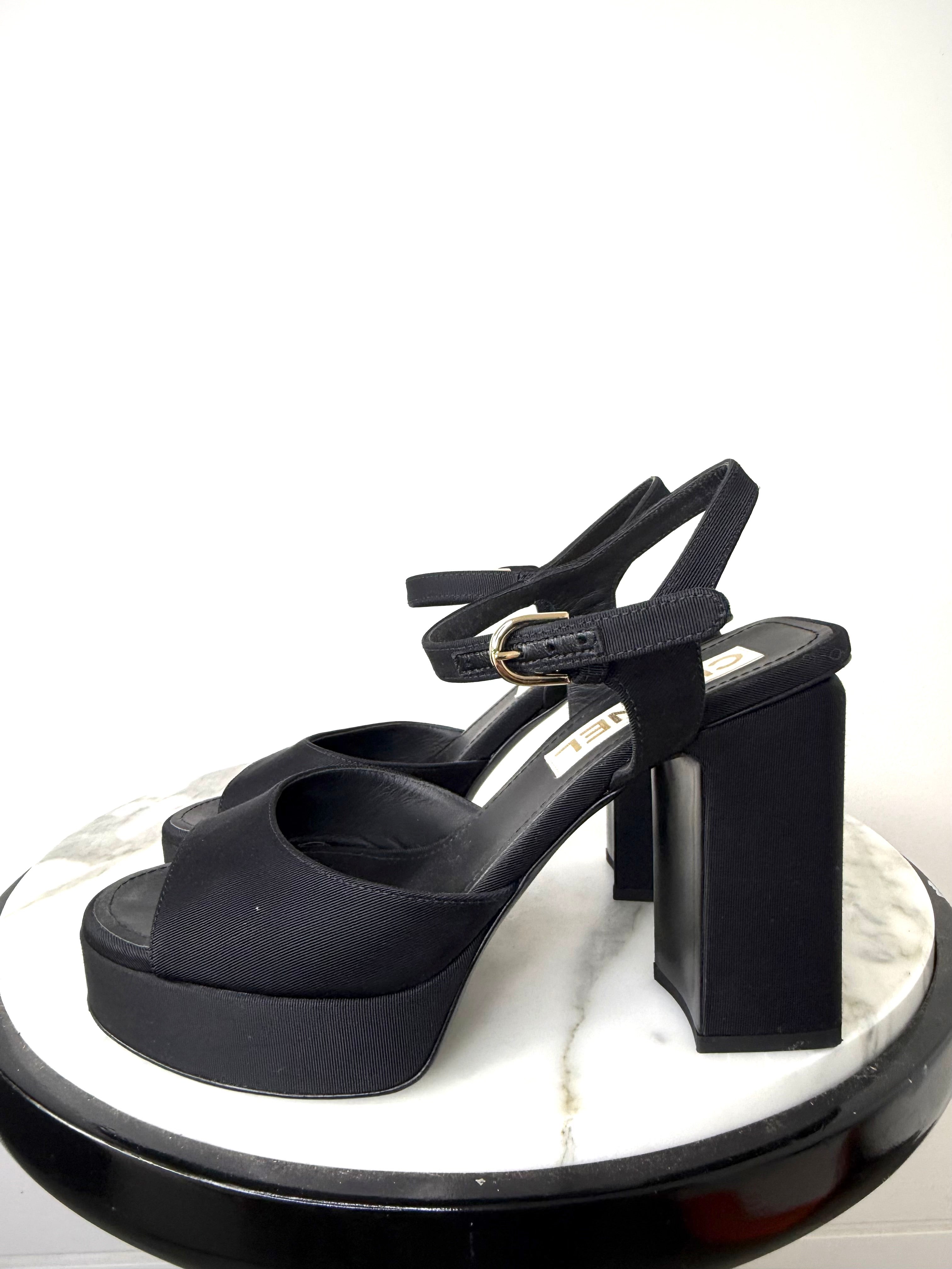 Chanel Black Grosgrain Platform Sandals Very Good Condition