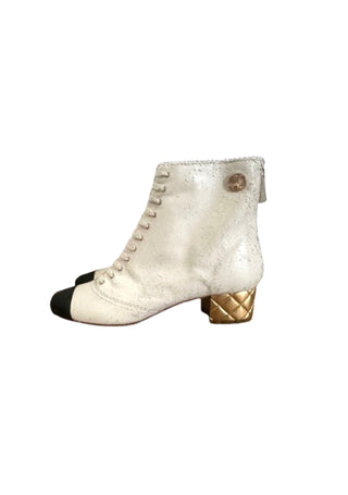 Chanel Lizard White & Black Toe Lace Up Boots