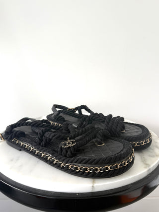 Chanel Black Lambskin Cord Chain CC Sandals