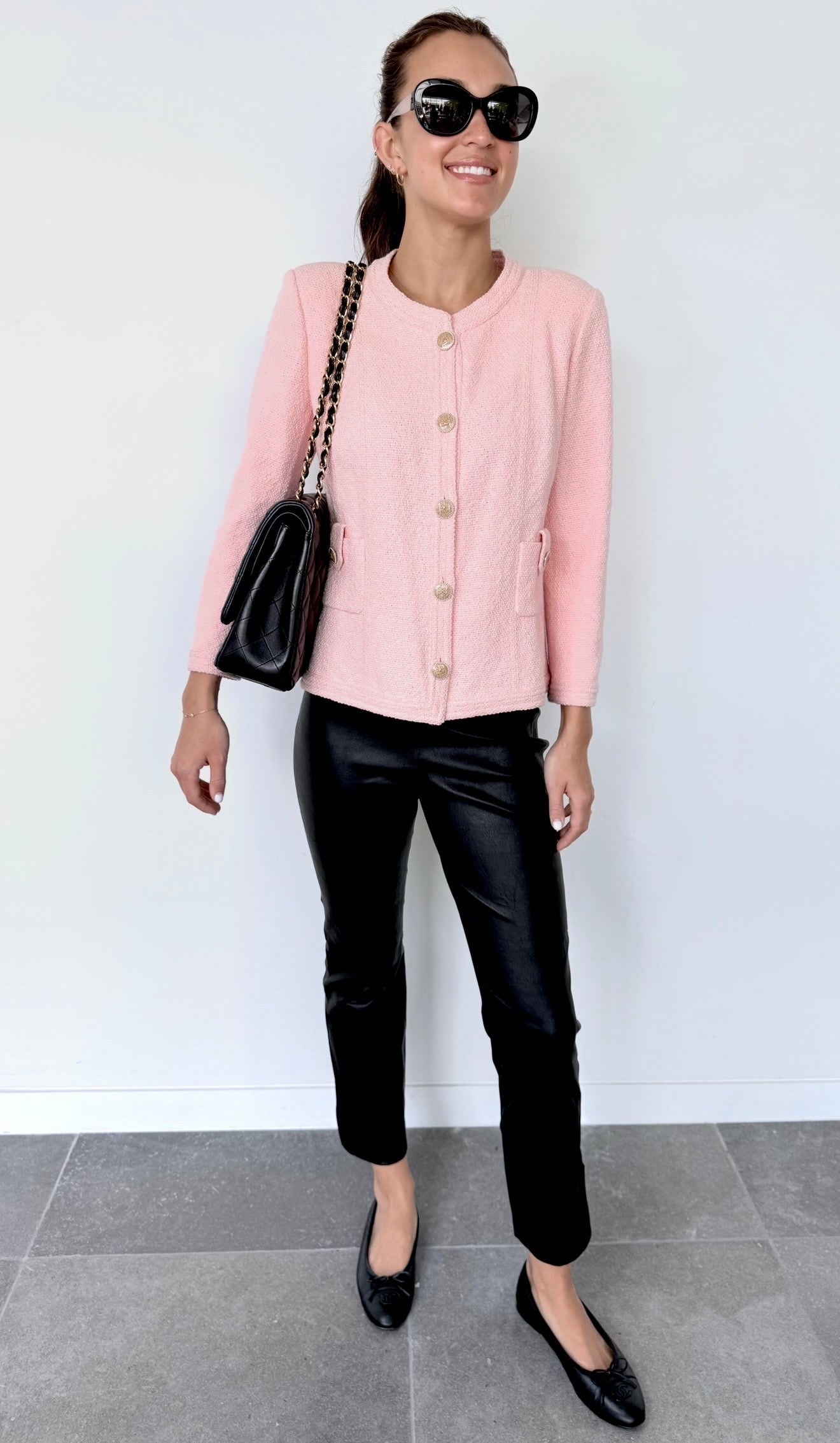 Chanel Pink Boucle Tweed Pearl Button Jacket Size 42 & 34