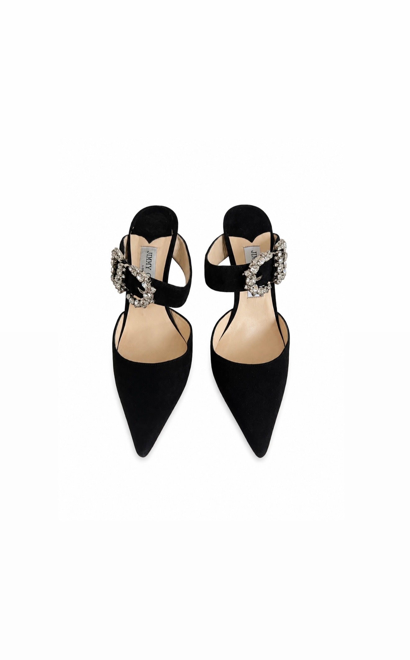 Jimmy Choo Black Suede Crystal Buckle Heels Like New Condition
