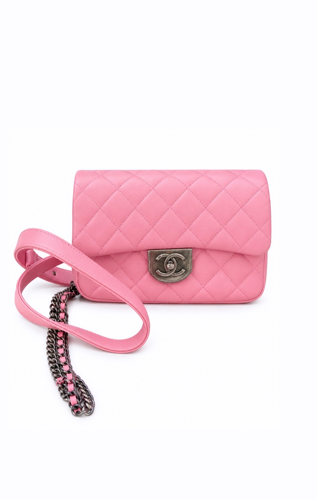 Chanel Pink Lambskin Double Carry Waist Chain Flap Bag Excellent Condition