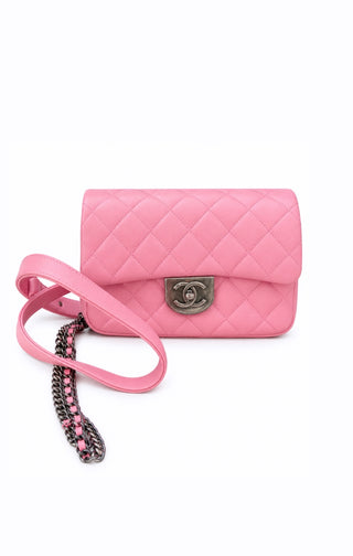 Chanel Pink Lambskin Double Carry Waist Chain Flap Bag Excellent Condition