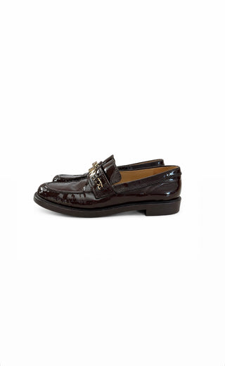 Brown Patent Calfskin Loafers w Gold Chain Letter Logo