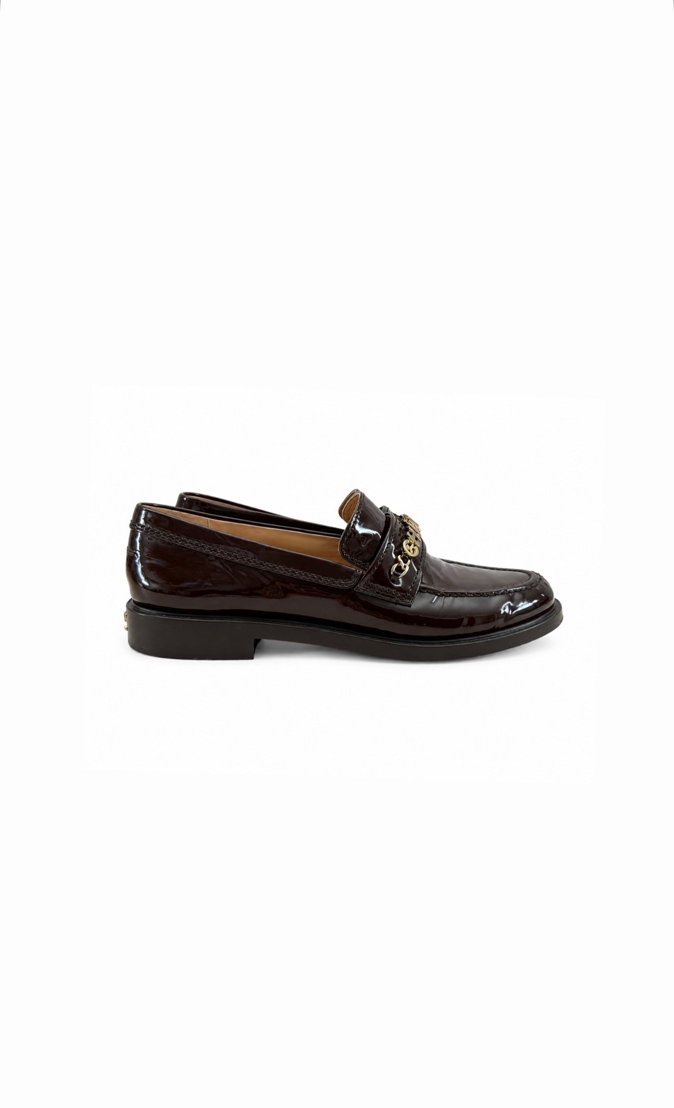 Brown Patent Calfskin Loafers w Gold Chain Letter Logo