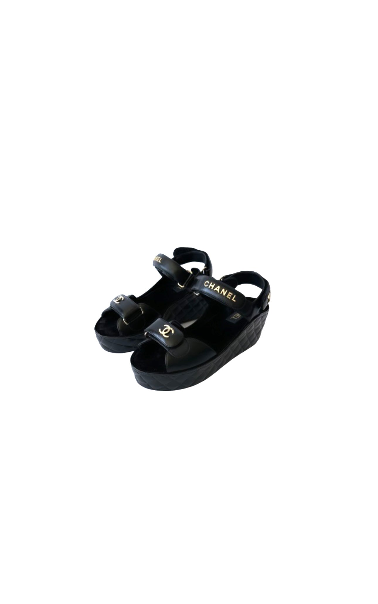 Black Quilted Leather Wedge Sandals with Interlocking CC logo