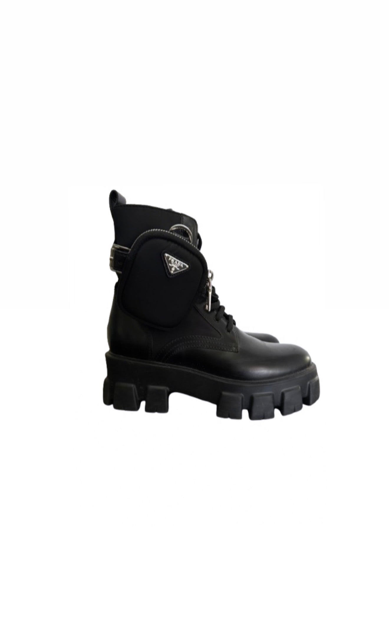PRADA Black Monolith Brushed LeatherRe-Nylon Boots
Size 38.5