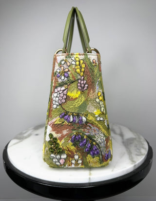 Dior Limited Edition Green Floral Embroidered Medium Lady Dior Bag w Strap