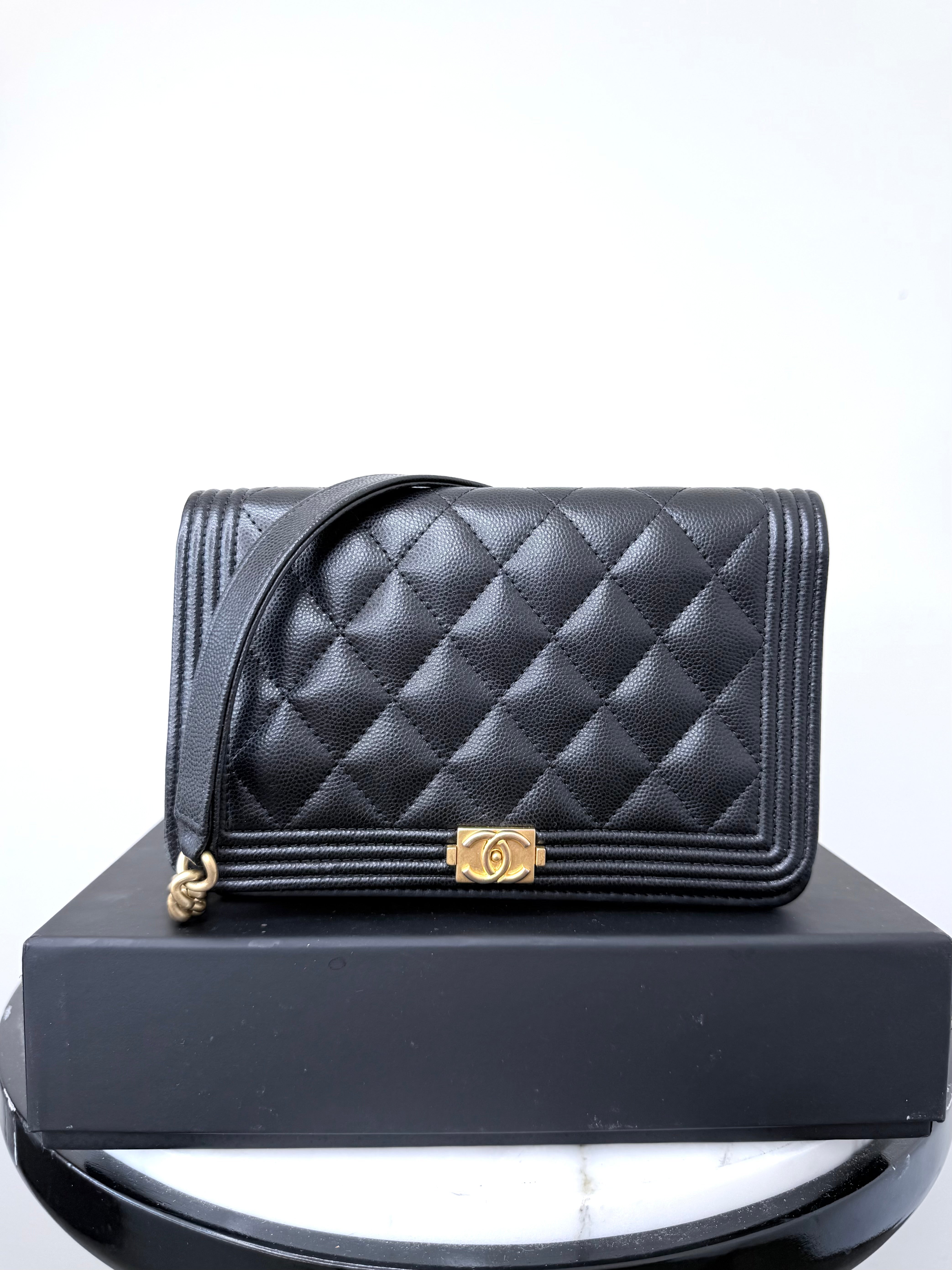 Chanel Black Caviar Boy Wallet On Chain w Gold Hardware