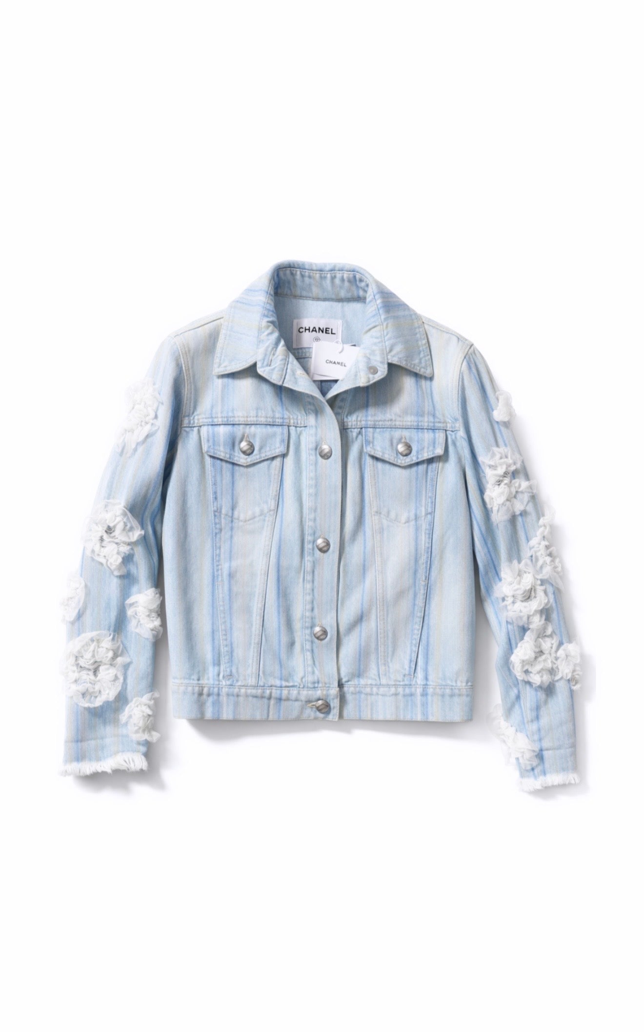 Chanel Light Blue Denim Jacket w  White Floral Detail