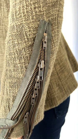 Khaki Cropped Collarless Jacket With Zip Details