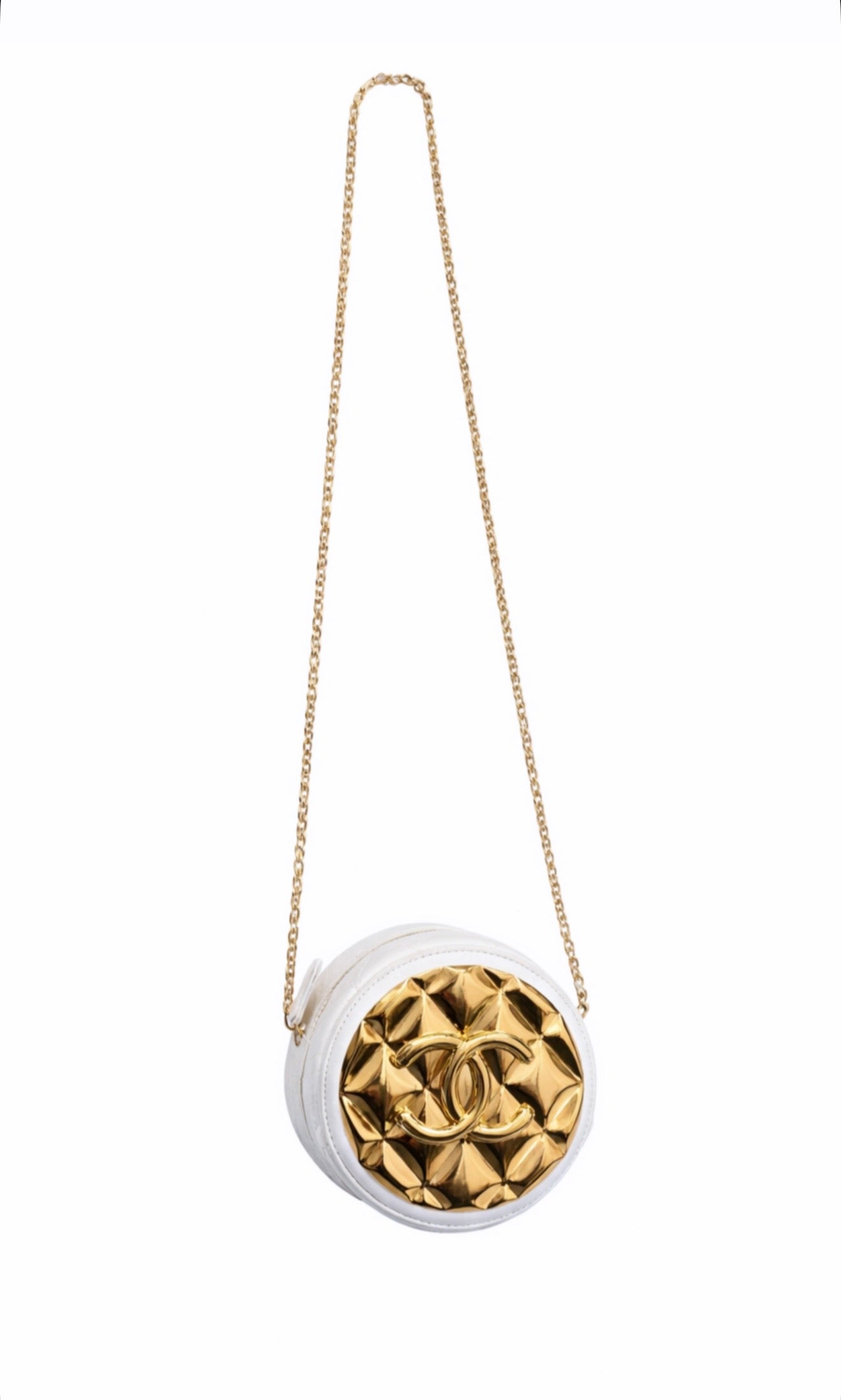 Round Quilted Gold Metal Mini Clutch w Chain Bag