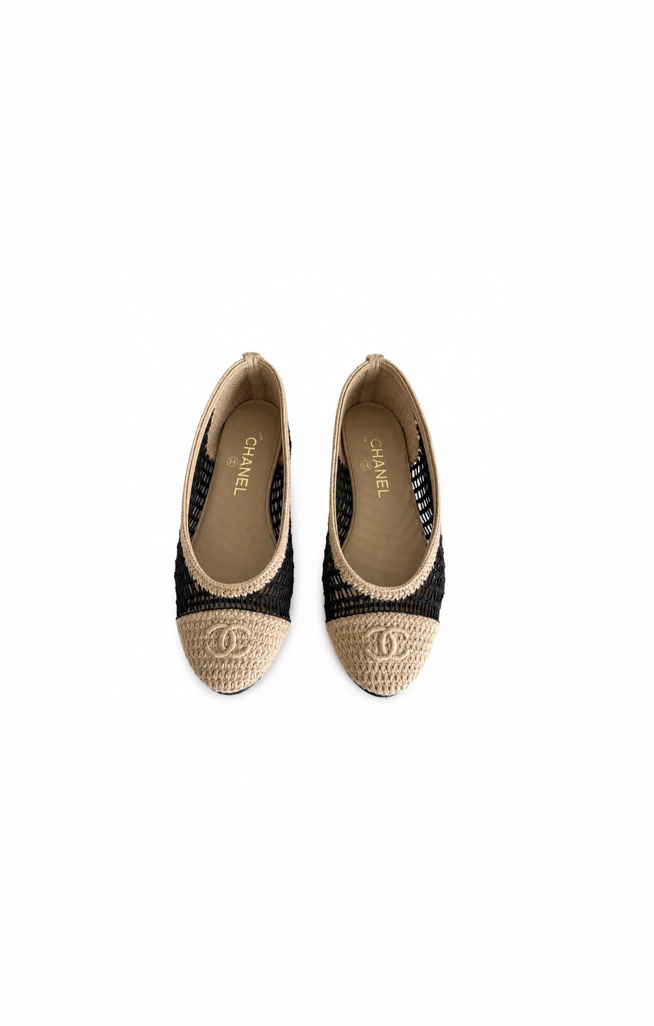 Beige & Black Raffia Ballerina Flats Excellent Condition