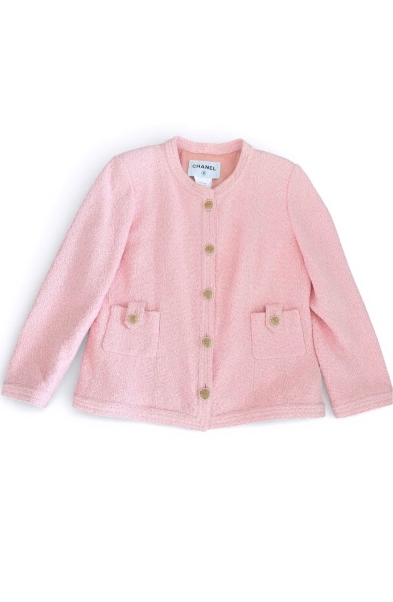 Chanel Pink Boucle Tweed Pearl Button Jacket Size 42 & 34