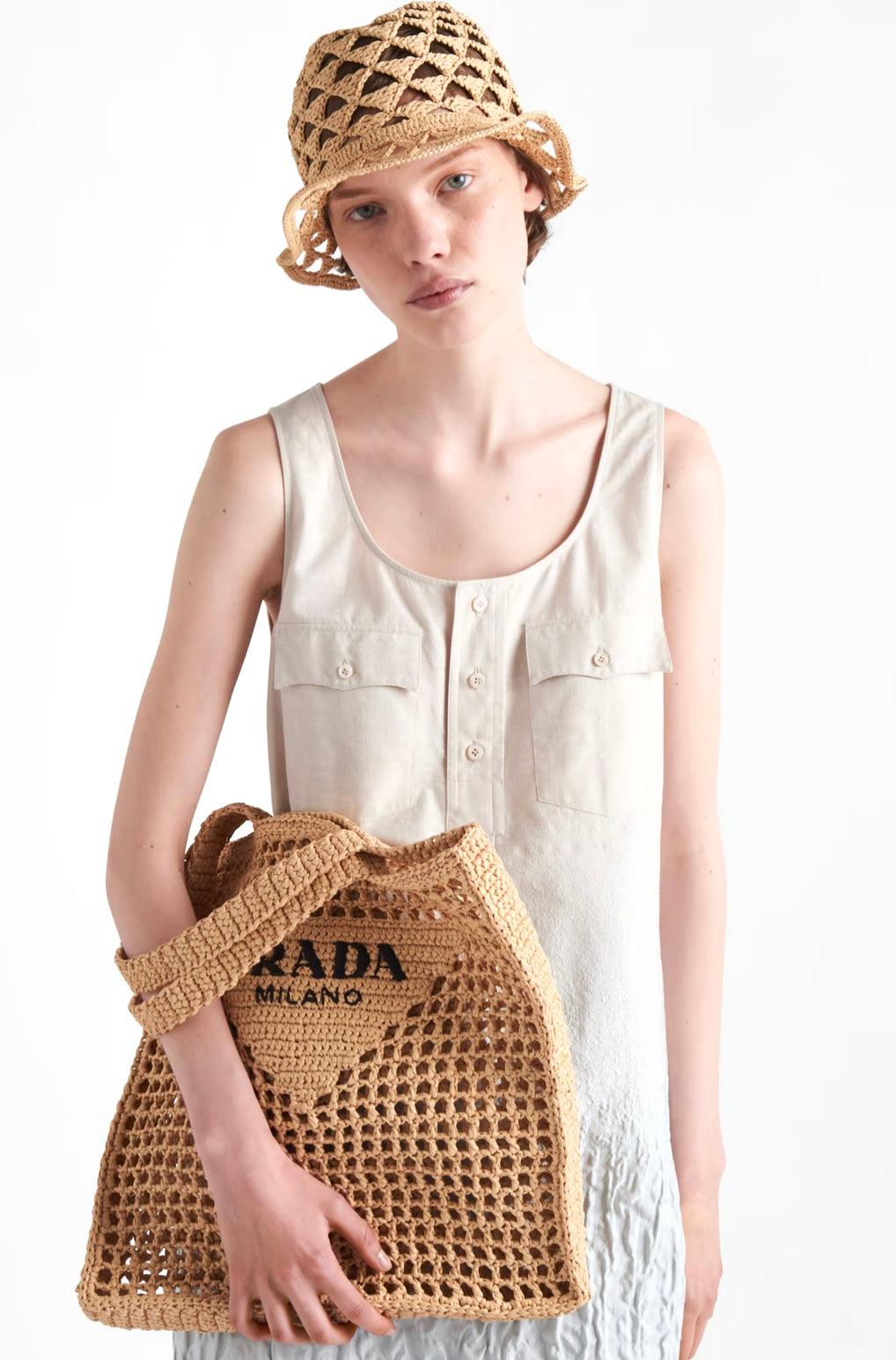 Beige Crochet Logo Tote Bag