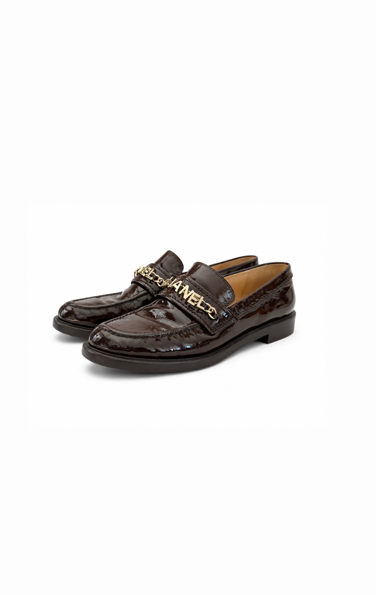 Brown Patent Calfskin Loafers w Gold Chain Letter Logo