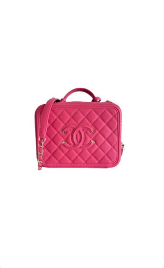 Chanel Pink Quilted Medium Filigree Vanity Case Excellent Condition