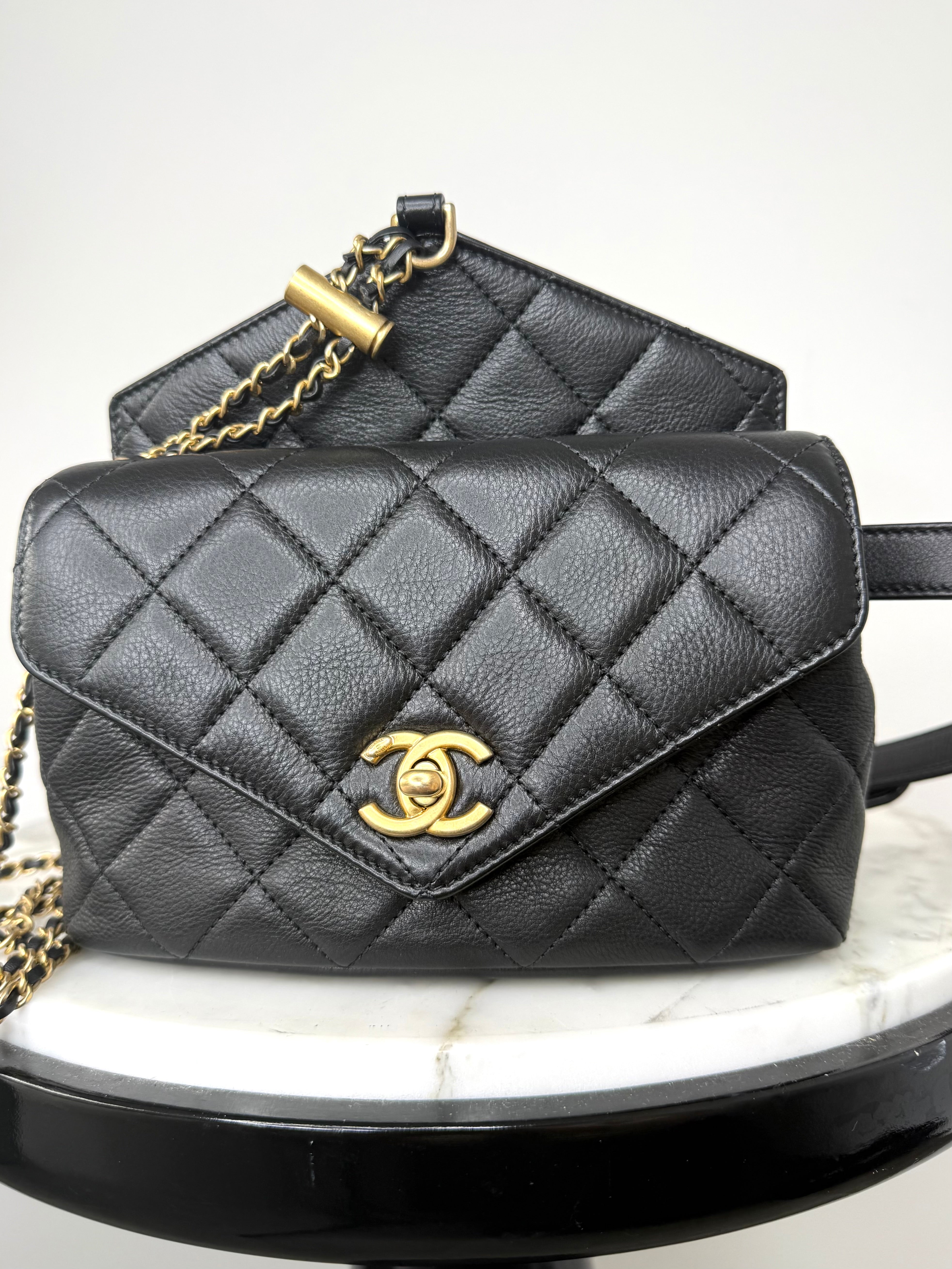 Chanel Black Quilted Calfskin Carry w Chic Flap Waist Bag w Gold Chain Like New Condition