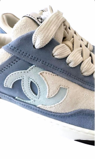 Blue & White Suede Fabric CC Logo Sneakers