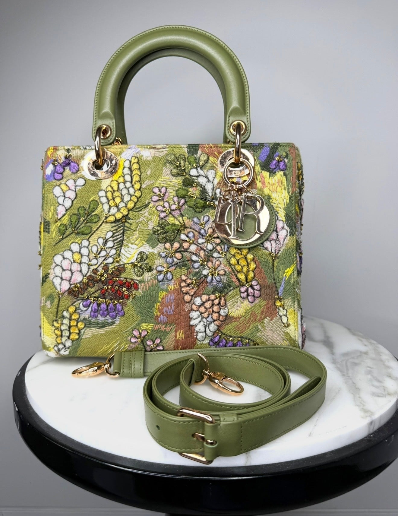 Dior Limited Edition Green Floral Embroidered Medium Lady Dior Bag w Strap