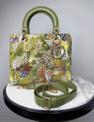 Dior Limited Edition Green Floral Embroidered Medium Lady Dior Bag w Strap