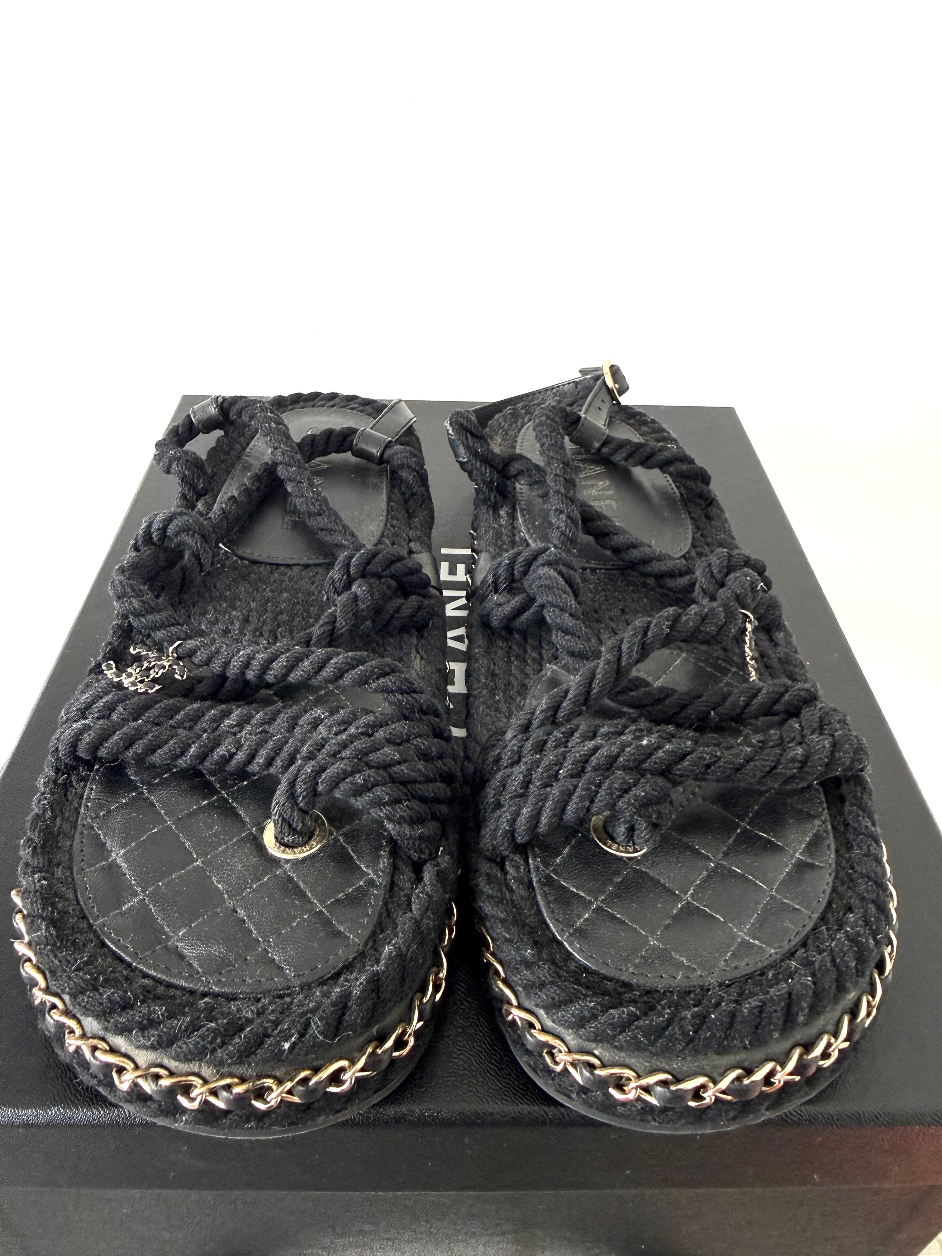 Chanel Black Lambskin Cord Chain CC Sandals