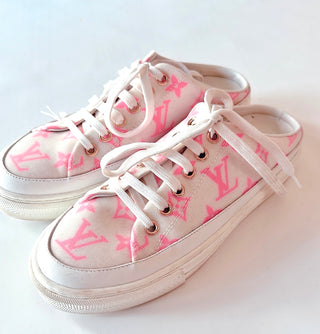 White Open Back Sneakers with Pink Logo