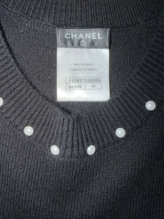Chanel Black Sleeveless Shift Dress w Pearl Embellishment