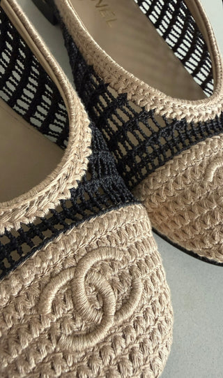 Beige & Black Raffia Ballerina Flats Excellent Condition