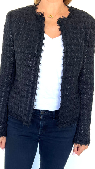 Black Cropped Collarless Tweed & Metallic Jacket