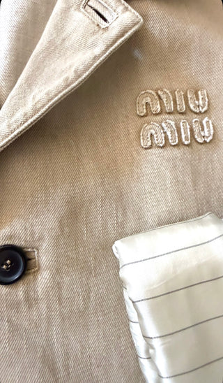 Miu Miu Beige Long Denim Coat w Silk Stripe Lining