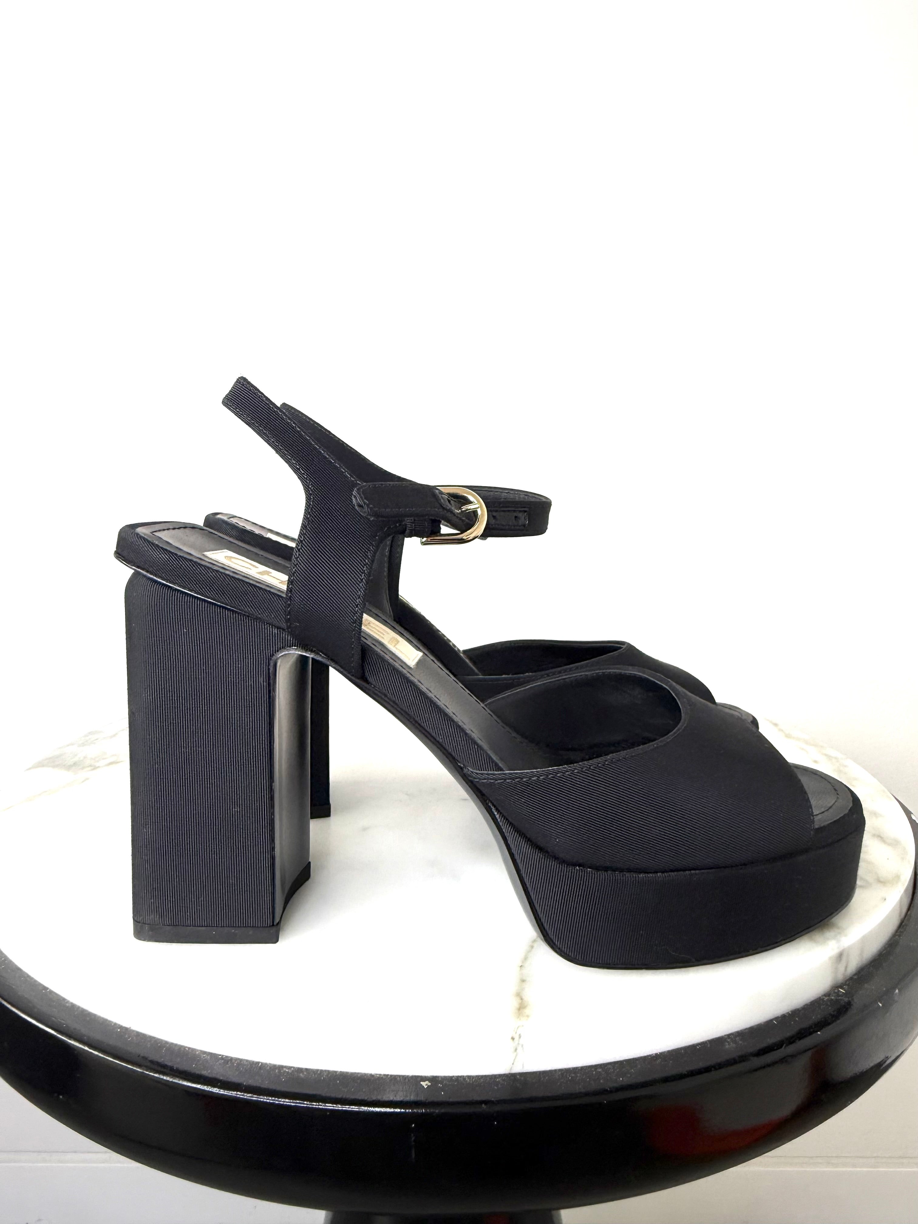 Chanel Black Grosgrain Platform Sandals Very Good Condition