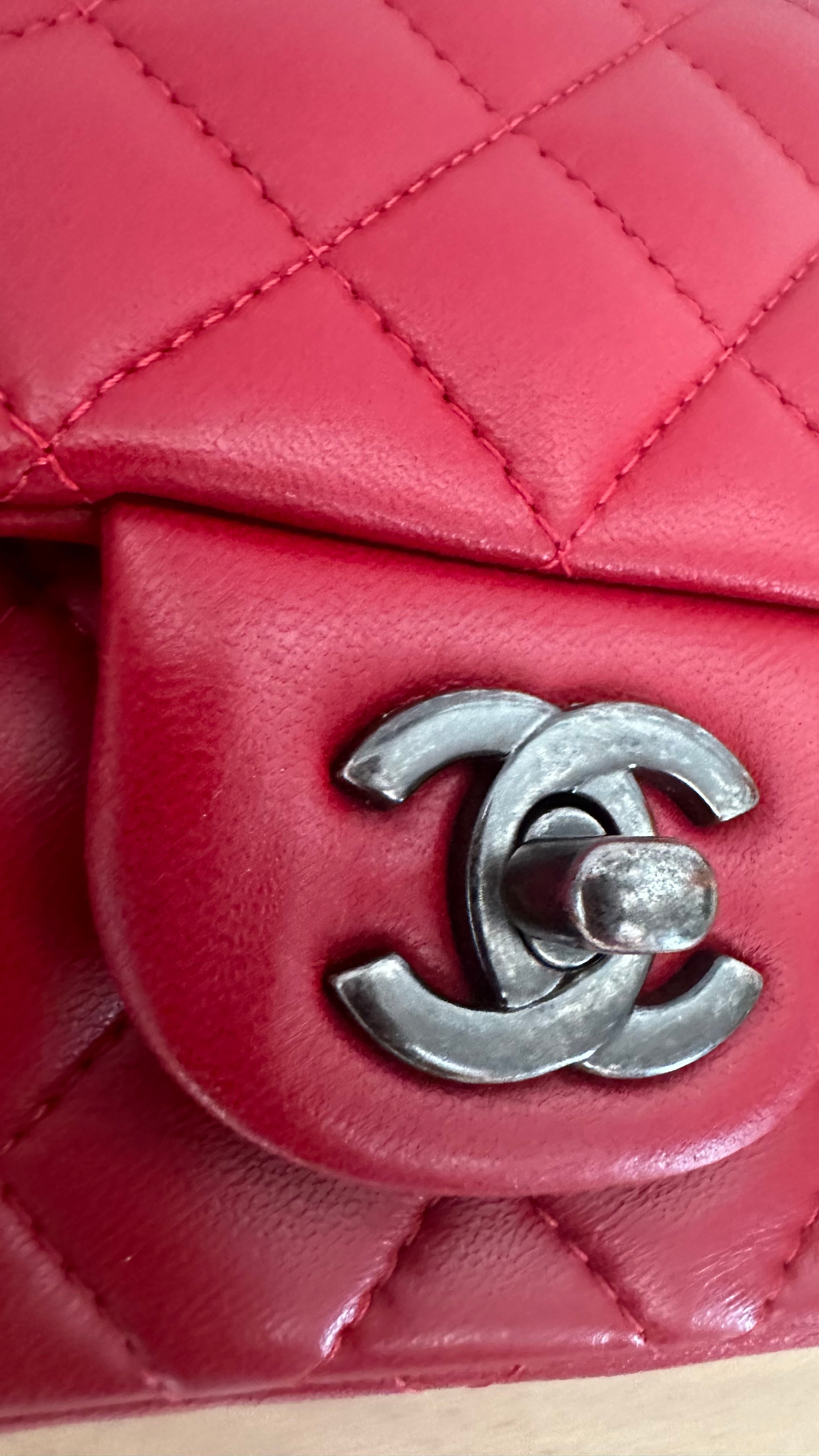 Red Square Mini Lambskin Quilted Flap Bag w Ruthenium Hardware