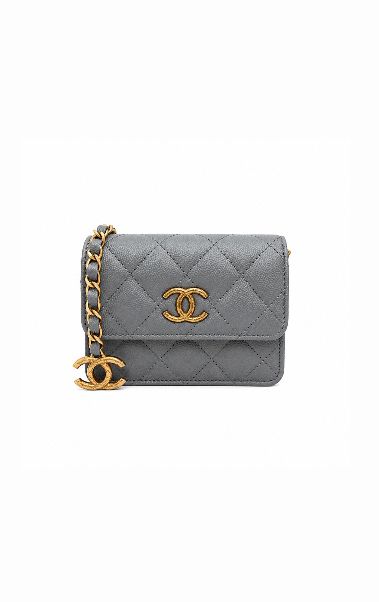 Grey Quilted Calfskin Small Purse w Gold Chain