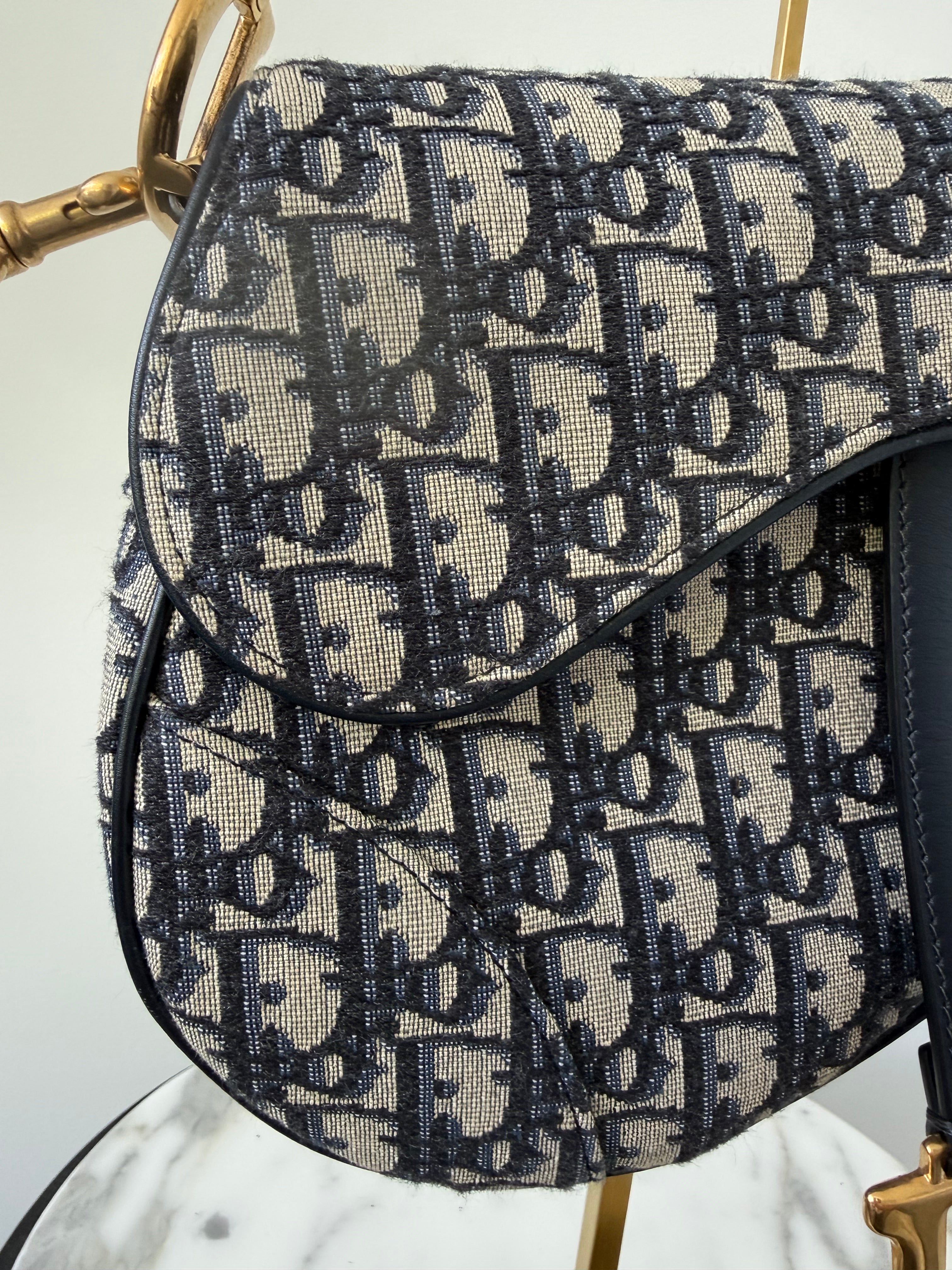 Dior Blue Oblique Canvas Medium Saddle Bag Excellent Condition