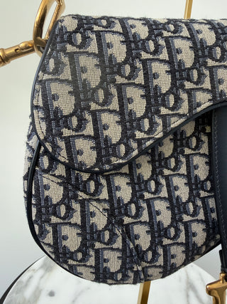 Dior Blue Oblique Canvas Medium Saddle Bag Excellent Condition