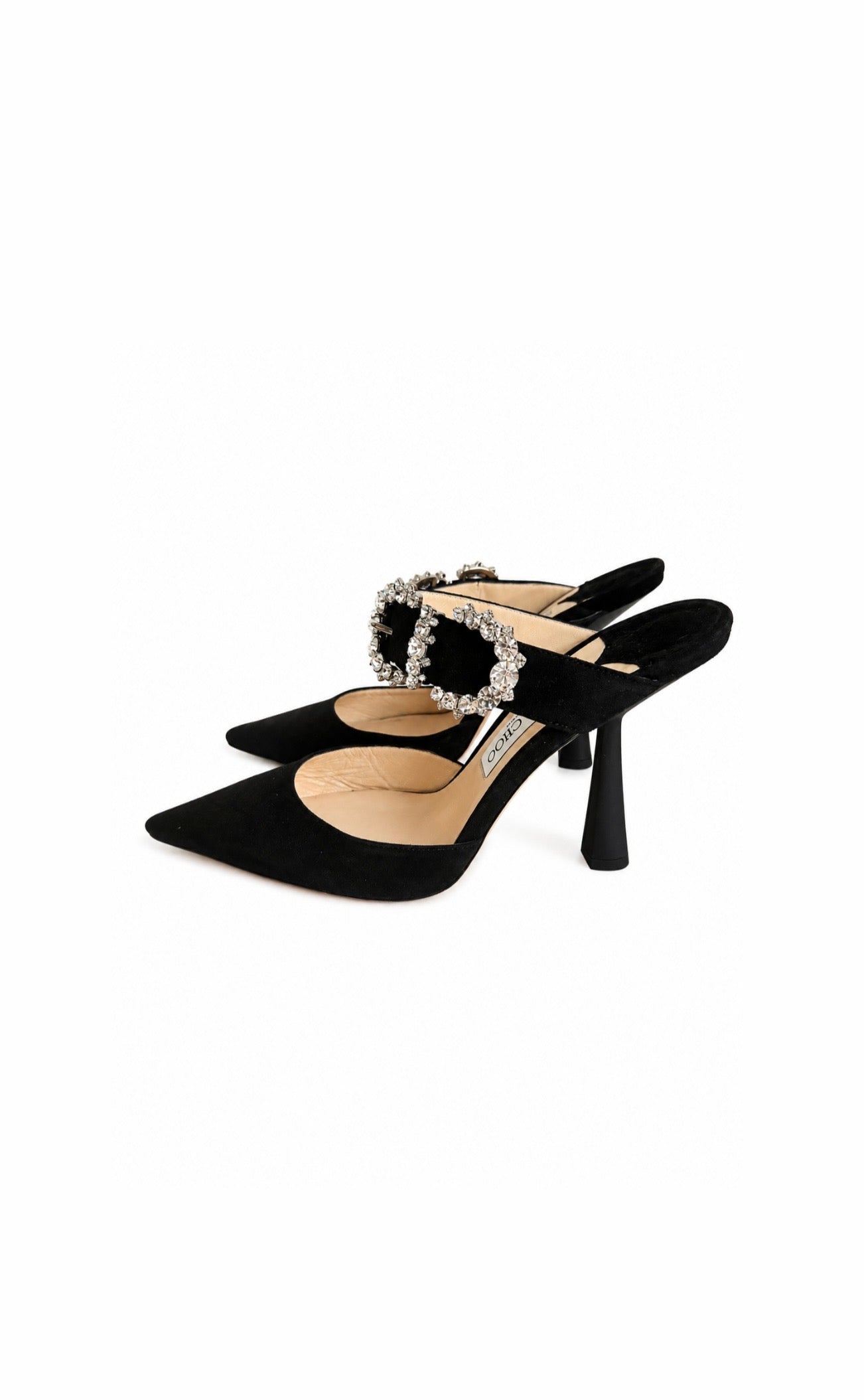 Jimmy Choo Black Suede Crystal Buckle Heels Like New Condition