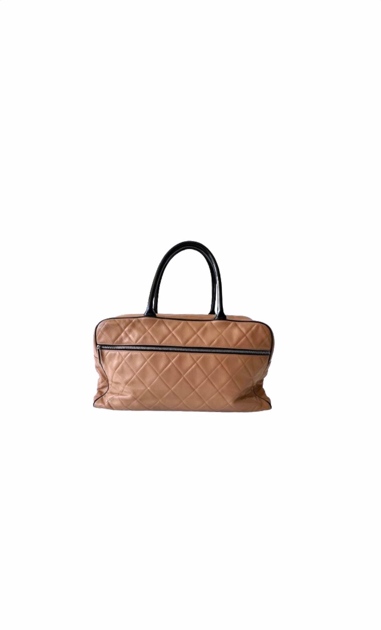 Beige & Black Boston Bowler Bag in Quilted Caviar Leather