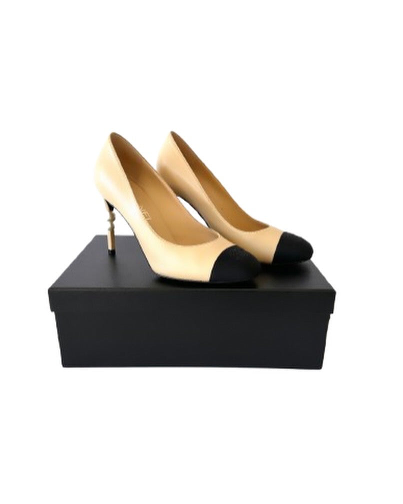 Beige & Black Leather & Fabric Faux Pearl Cap Toe Pumps