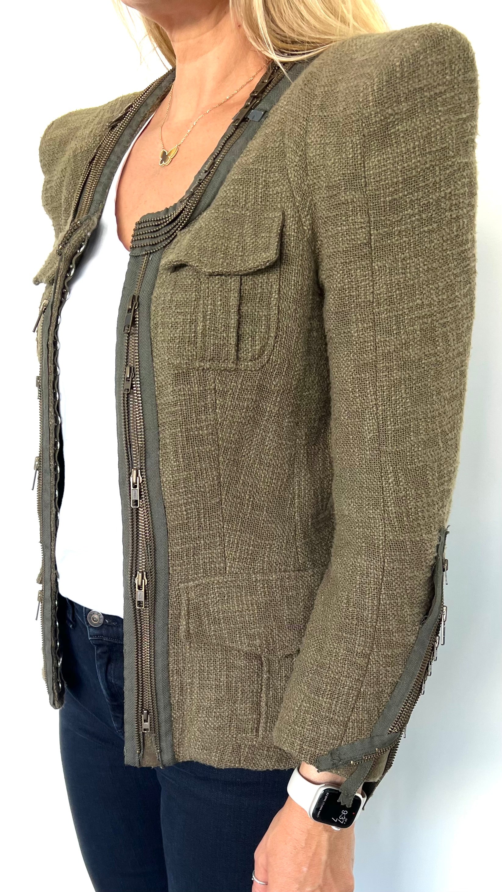 Khaki Cropped Collarless Jacket With Zip Details