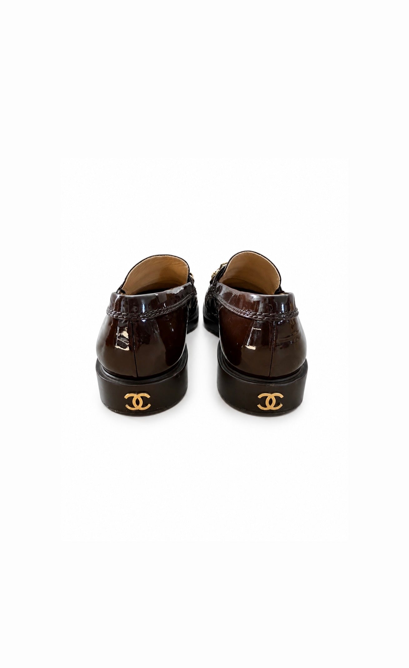 Brown Patent Calfskin Loafers w Gold Chain Letter Logo