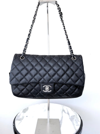 Black Quilted Caviar Jumbo Easy Flap Bag Good Condition
