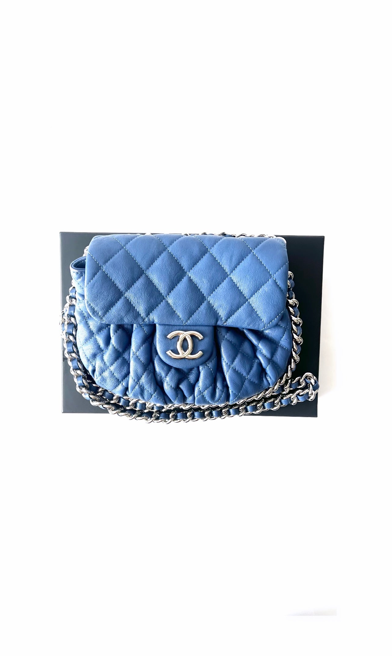 Blue Quilted Calfskin Chain Around Small Messenger Bag