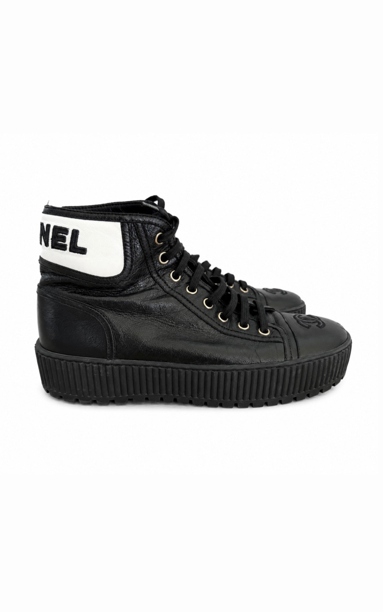 Black Calfskin Platform High Top Sneakers Size 36.5