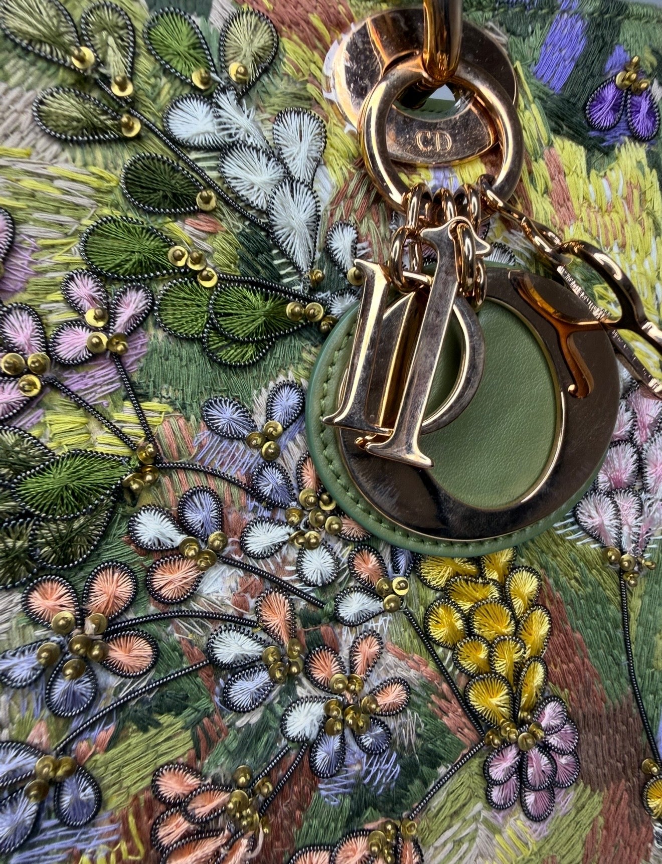 Dior Limited Edition Green Floral Embroidered Medium Lady Dior Bag w Strap