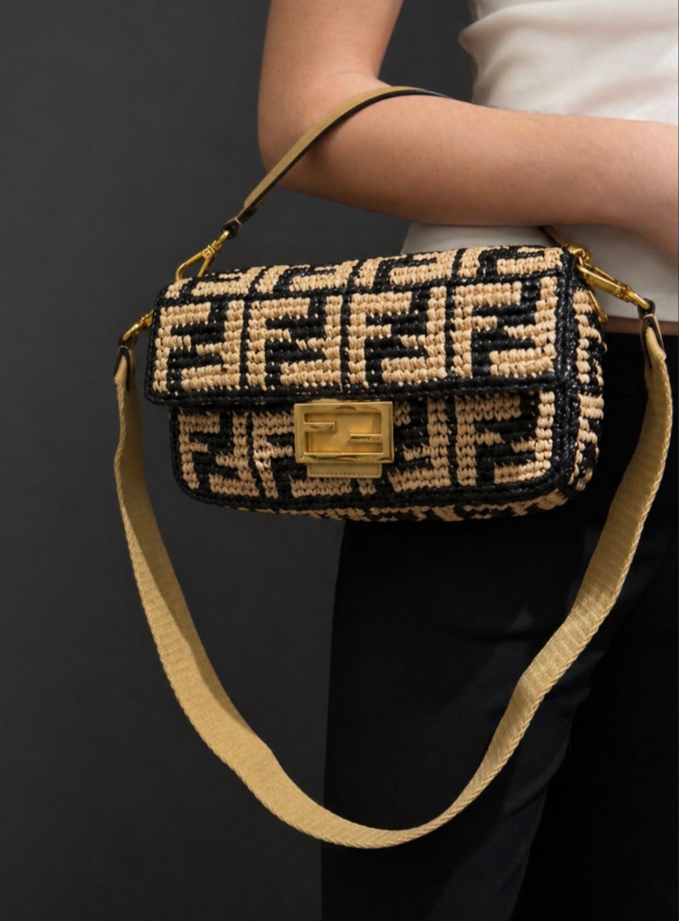FENDI Raffia Zucca Baguette Satchel Like New Condition