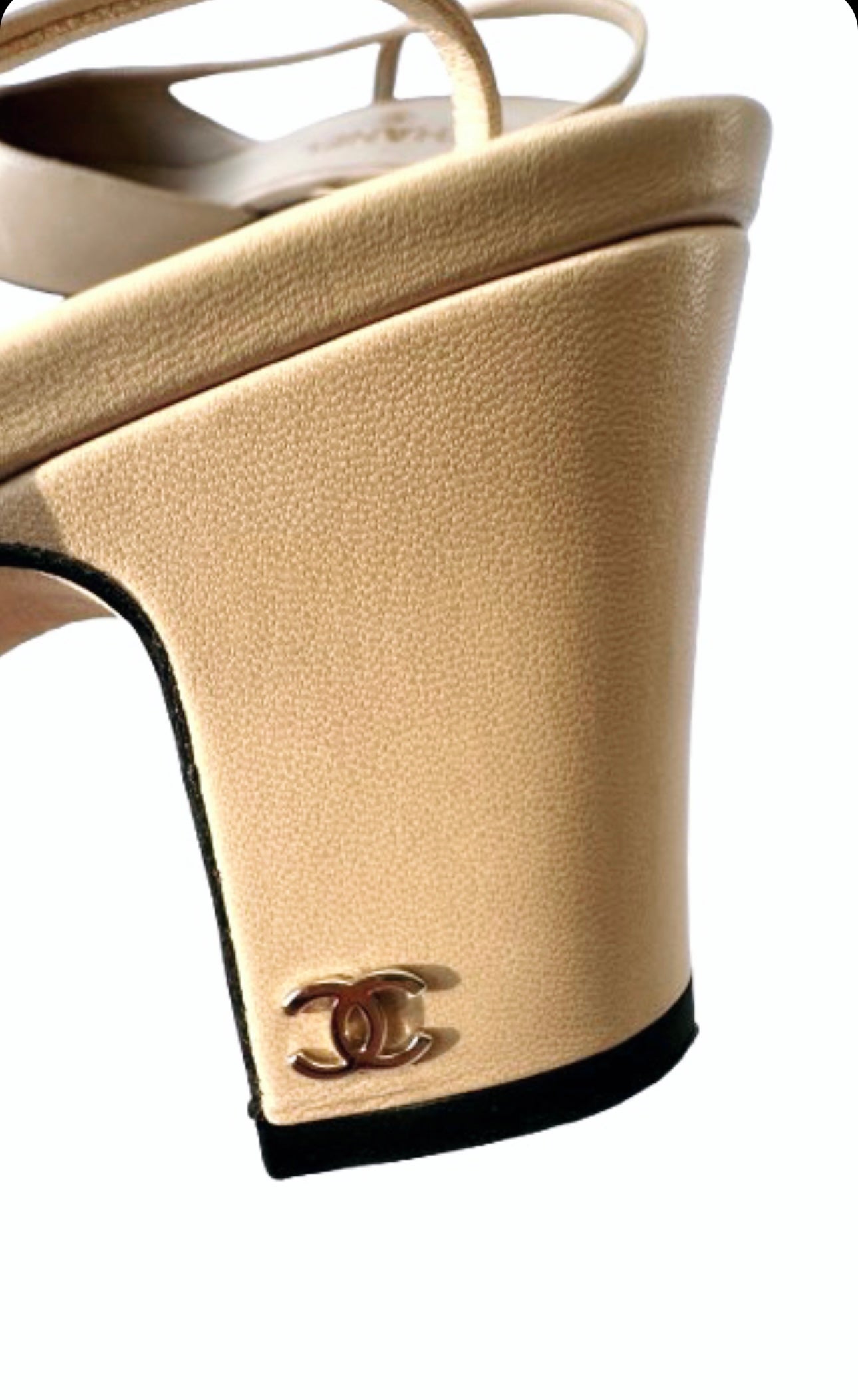 Beige & Black Leather & Canvas CC Top Cap Slingback Pumps