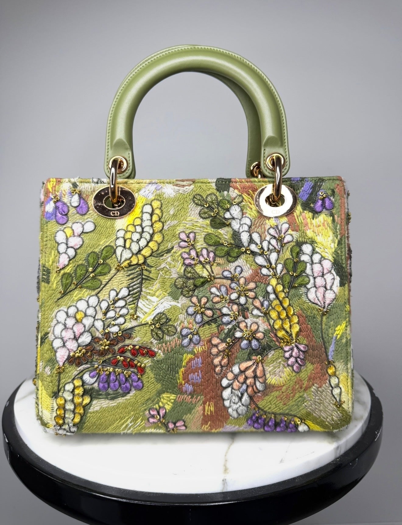 Dior Limited Edition Green Floral Embroidered Medium Lady Dior Bag w Strap